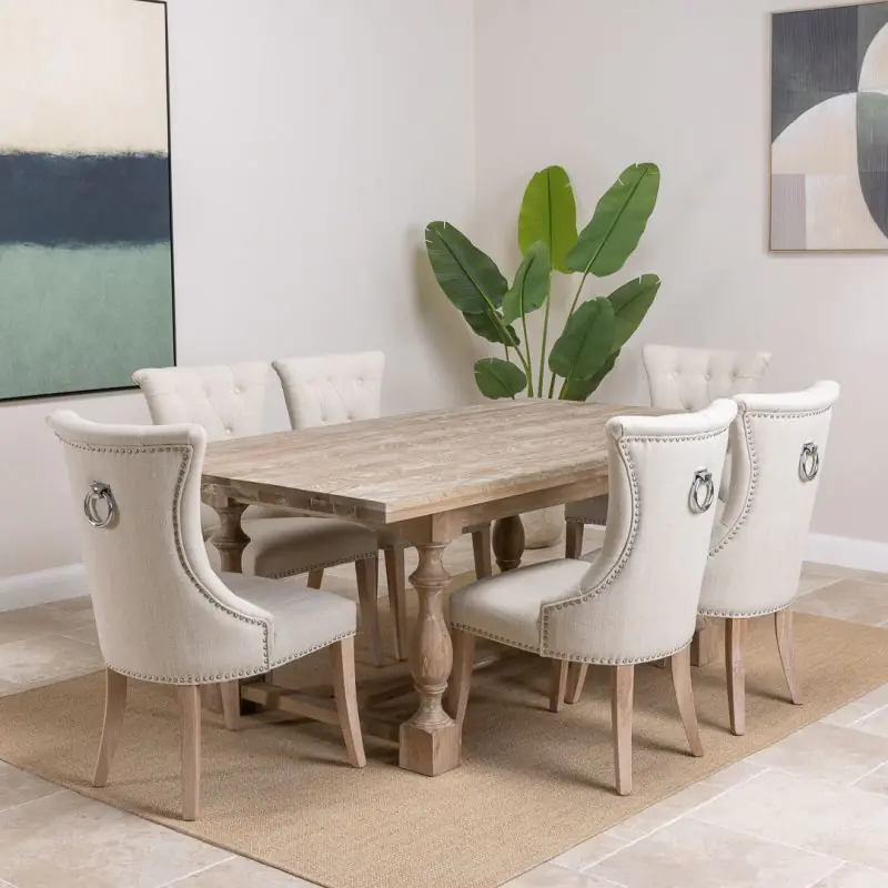 American Oak Solid Dining Table (Dark Oak) with 6 Natural Windsor Ring Back Chairs