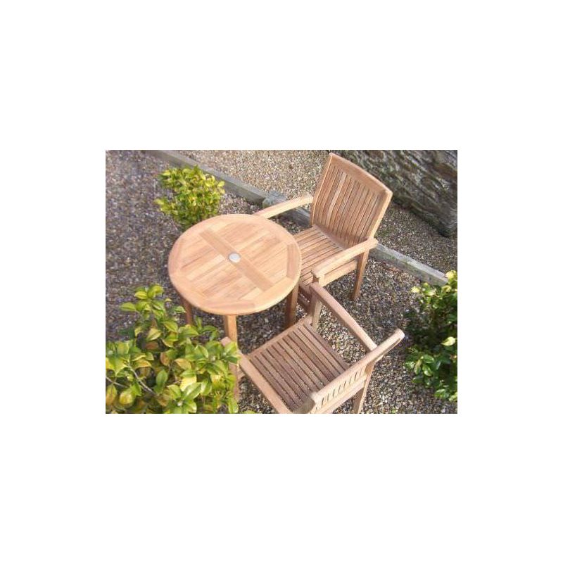 70cm Teak Circular Fixed Table with 2 Solid Teak Stacking Armchairs