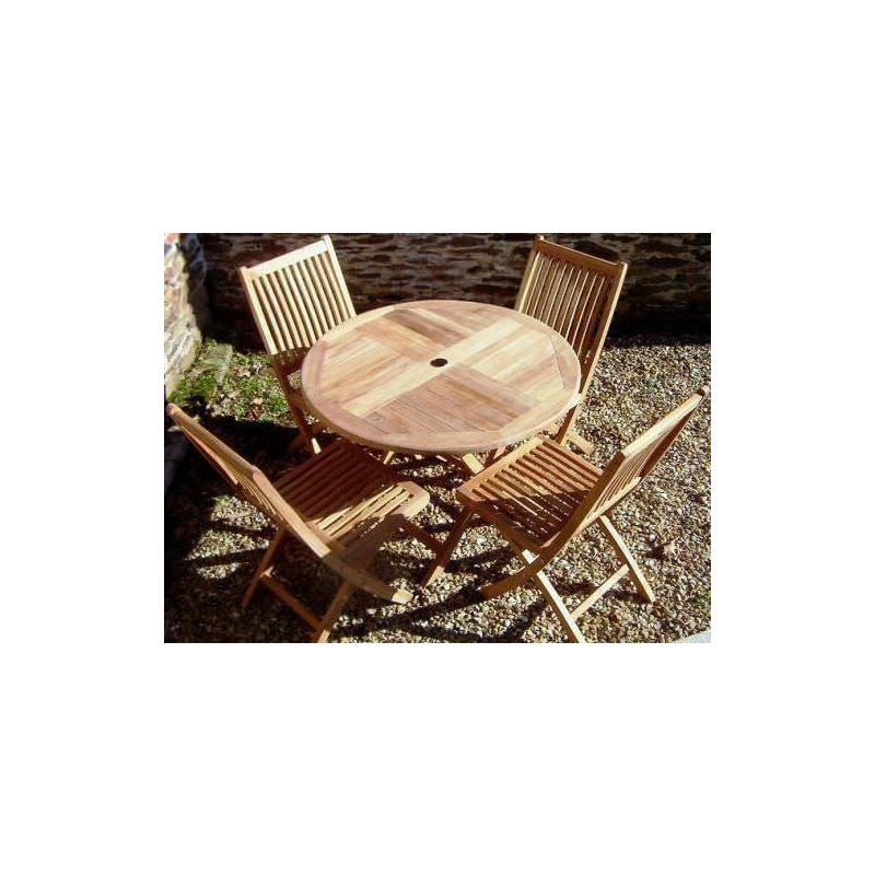 1m Teak Circular Folding Table with 4 Kiffa Folding Chairs