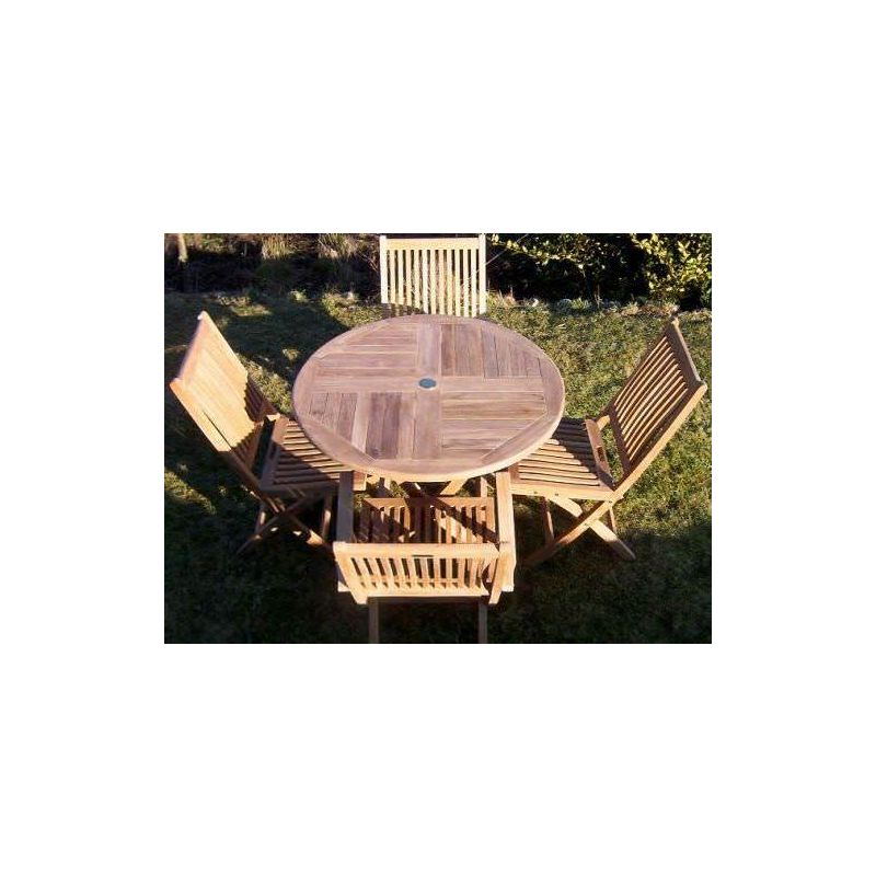 1m Teak Circular Folding Table with 2 Kiffa Folding Chairs & 2 Kiffa Folding Armchairs