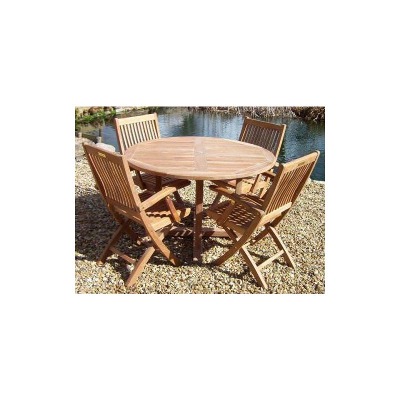 1.2m Teak Circular Pedestal Table with 4 Kiffa Folding Chairs