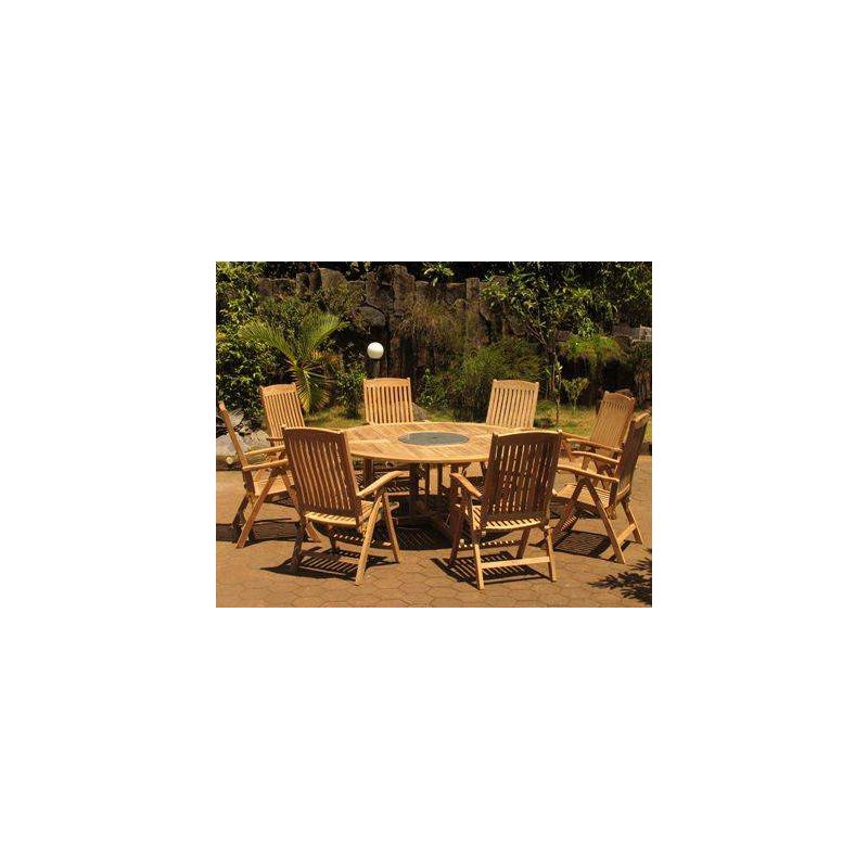 1.8m Teak Circular Fixed Table with Granite Lazy Susan and 8 Harrogate Recliners