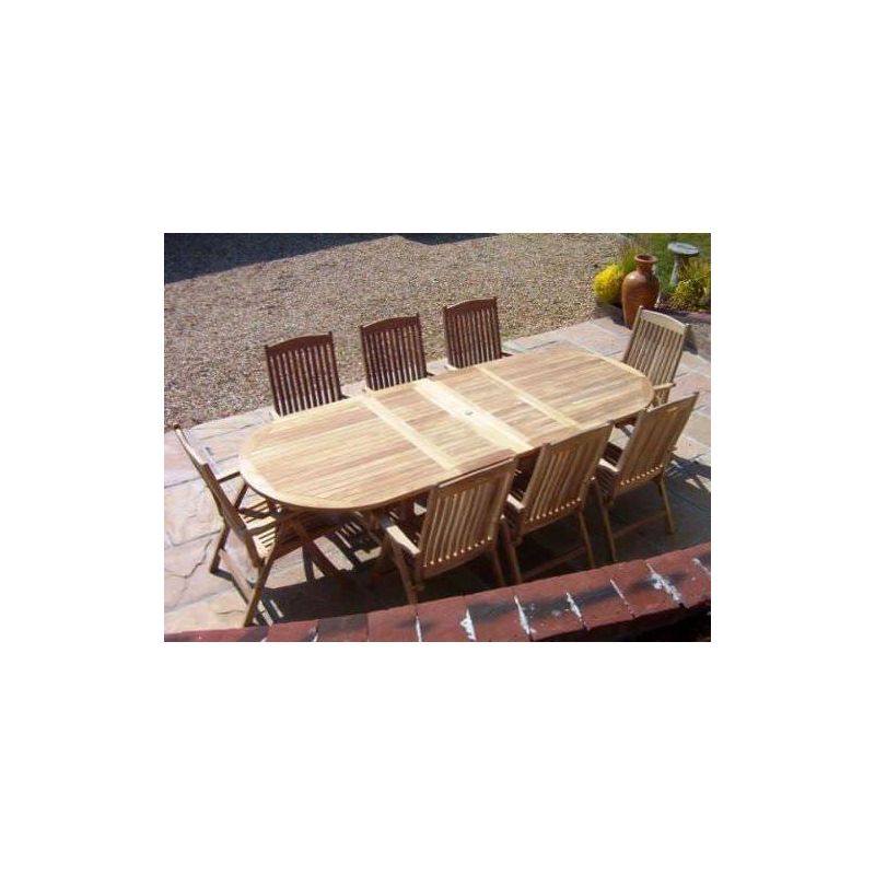 1.1m x 1.9m-2.7m Teak Oval Double Extending Table with 8 Harrogate Recliners