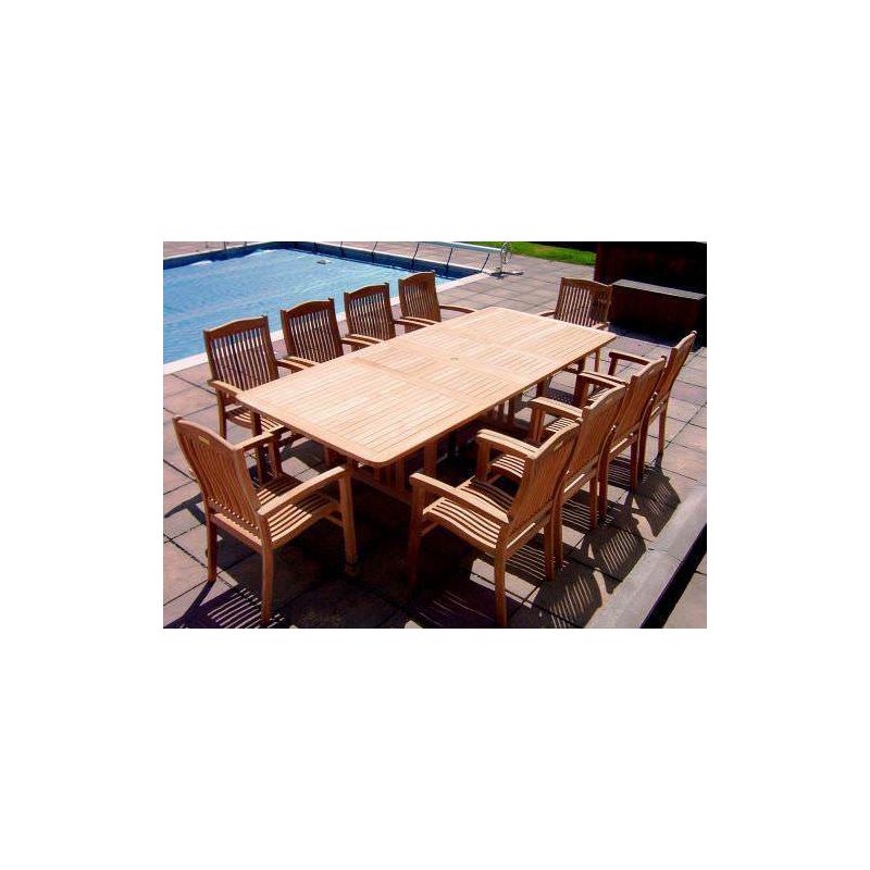 1.1m x 1.9m-2.7m Teak Rectangular Double Extending Table with 10 Marley Armchairs