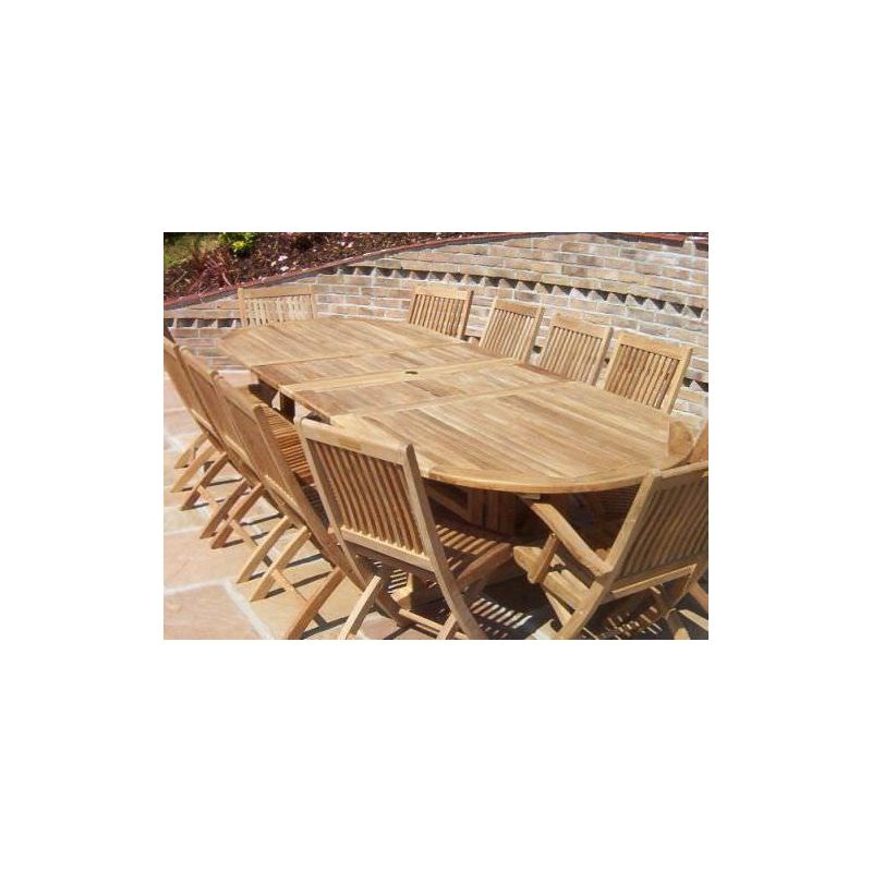 1.2m x 2.4m-3.2m Teak Oval Double Extending Table with 10 Kiffa Folding Chairs & 2 Armchairs