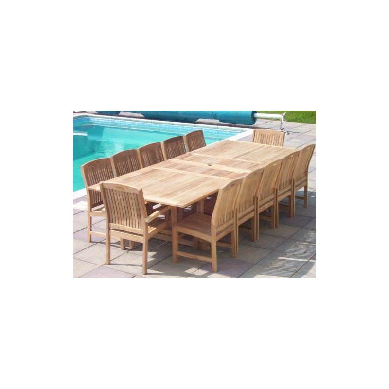 1.2m x 2.4m-3.2m Teak Rectangular Double Extending Table with 10 Marley Chairs and 2 Armchairs 