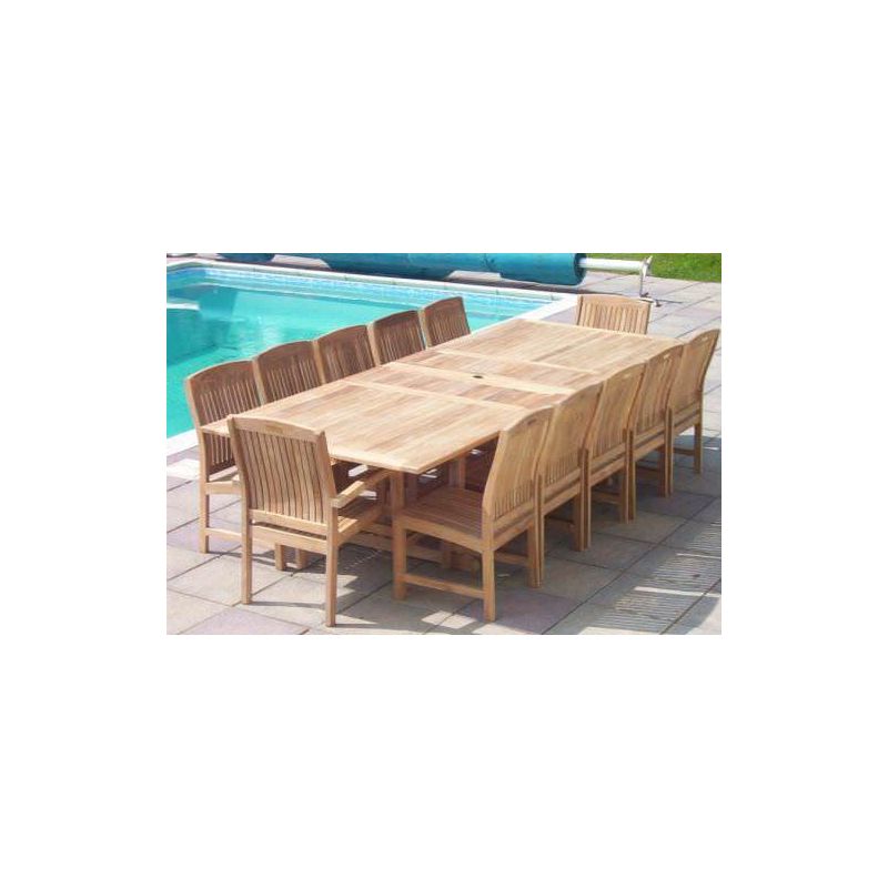 1.2m x 2.4m-3.2m Teak Rectangular Double Extending Table with 10 Marley Chairs and 2 Armchairs