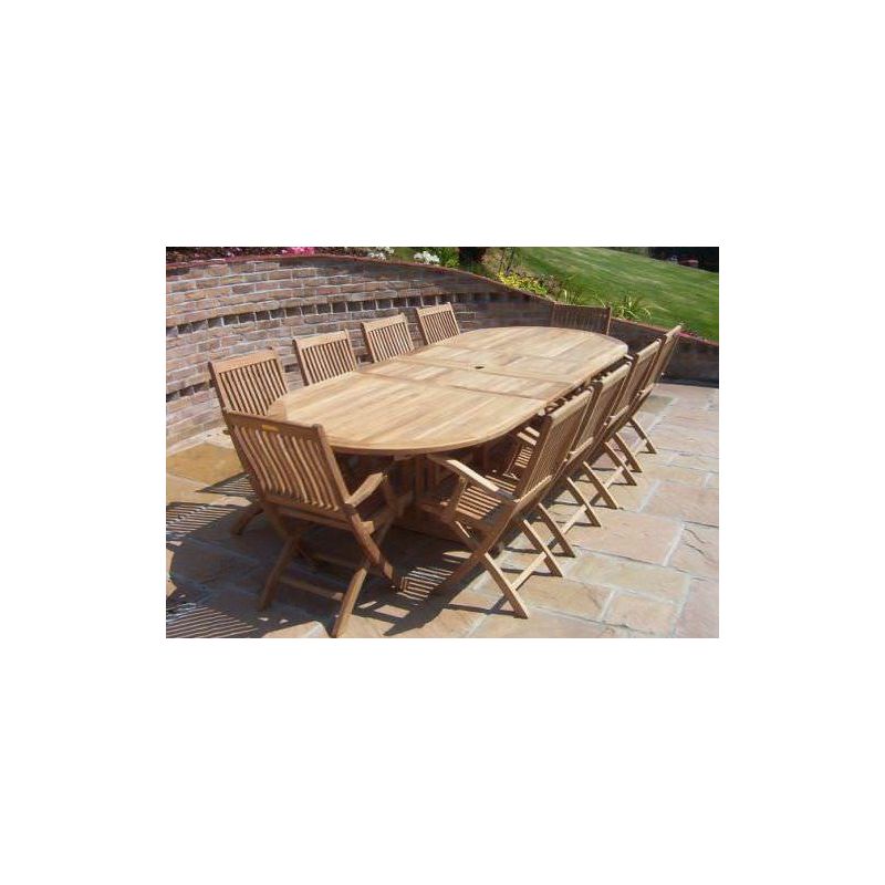 1.1m x 1.9m-2.7m Teak Oval Double Extending Table with 10 Kiffa Folding Armchairs