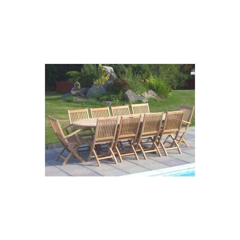 1m x 1.8m-2.4m Teak Oval Extending Table with 8 Kiffa Folding Chairs & 2 Armchairs