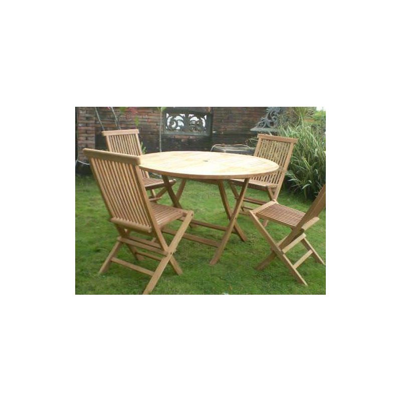 1.2m Teak Circular Folding Table with 4 Classic Folding Chairs / Armchairs