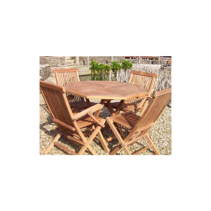1m Teak Octagonal Folding Table with 4 Classic Folding Chairs - With or Without Arms