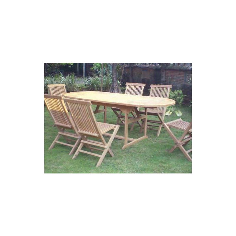 80cm x 1.5m-2.1m Teak Oval Extending Table with 6 Classic Folding Chairs