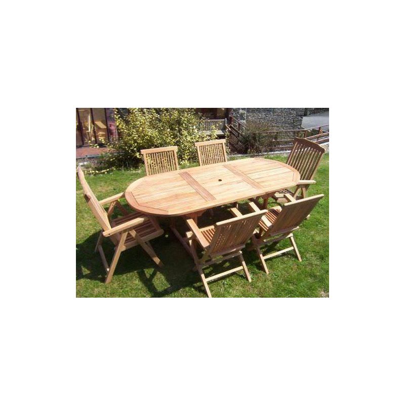 80cm x 1.5m-2.1m Teak Oval Extending Table with 4 Classic Folding Armchairs & 2 Harrogate Recliners