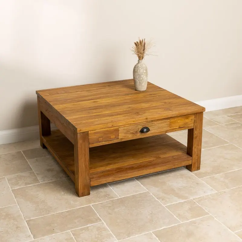 100cm Reclaimed Teak Modern Coffee Table with Drawer & Shelf