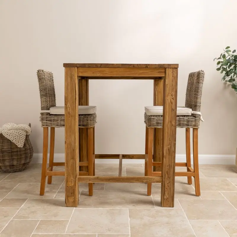 90cm Reclaimed Teak Square Bar Table with 2 Kubu Wicker Bar Stools 90cm Reclaimed Teak Square Bar Table with 2 Kubu Wicker Bar Stools