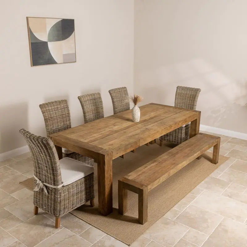2.4m Reclaimed Elm Chunky Style Dining Table with 5 Latifa Chairs & 2 Backless Benches