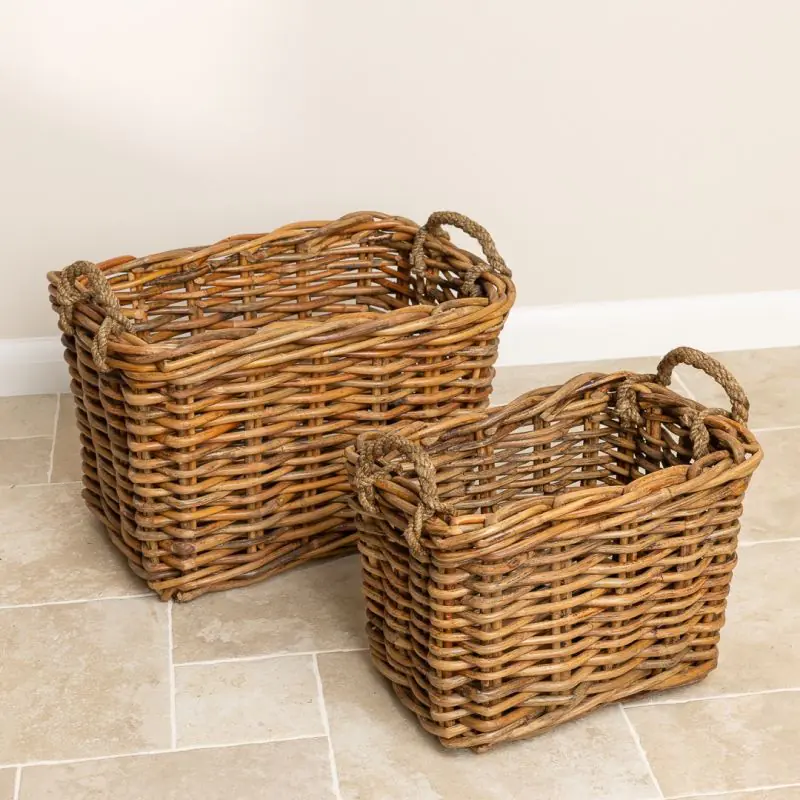 Pair of Natural Wicker Rectangular Log Baskets with Rope Handles