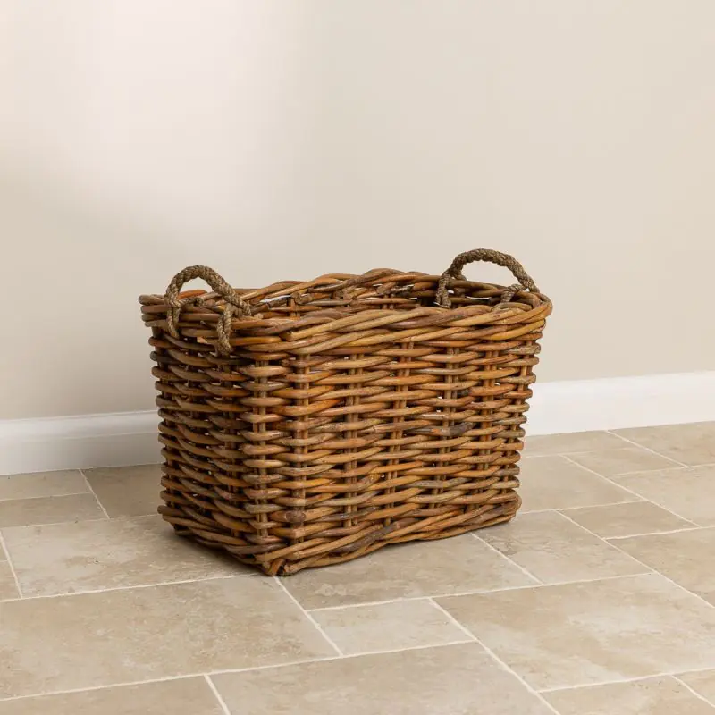 Large Natural Wicker Rectangular Log Basket with Rope Handles