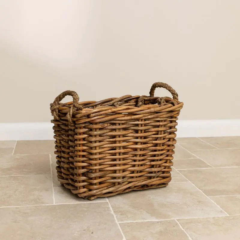 Small Natural Wicker Rectangular Log Basket with Rope Handles