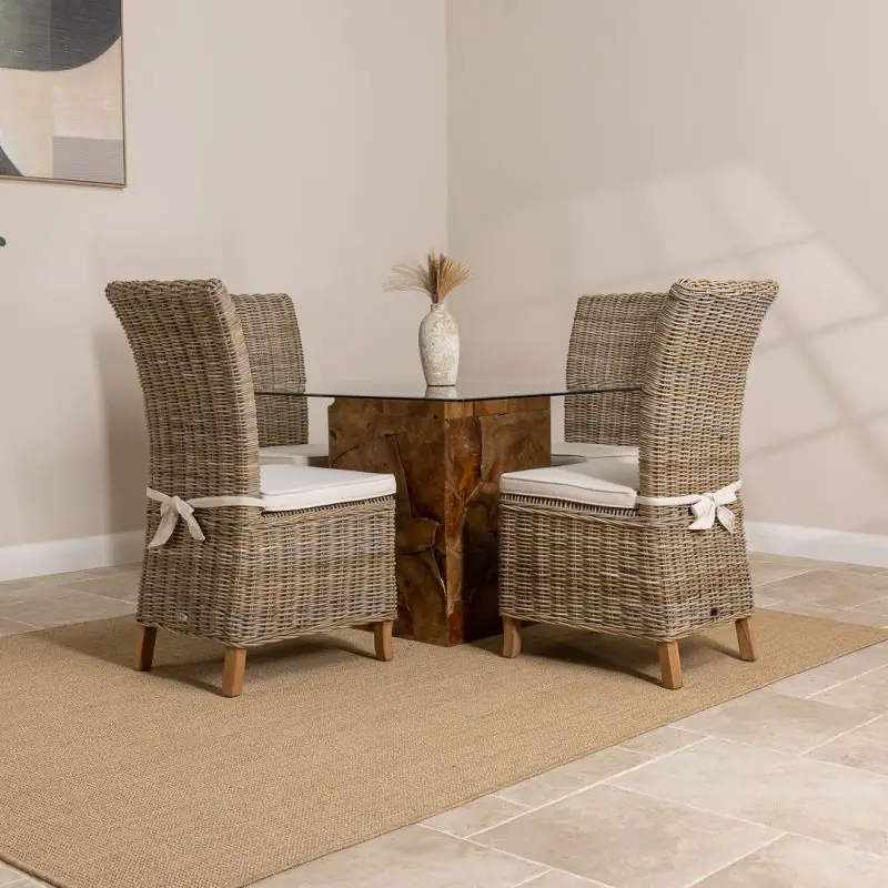 1.2m Reclaimed Teak Root Square Block Dining Table with 4 Latifa Chairs