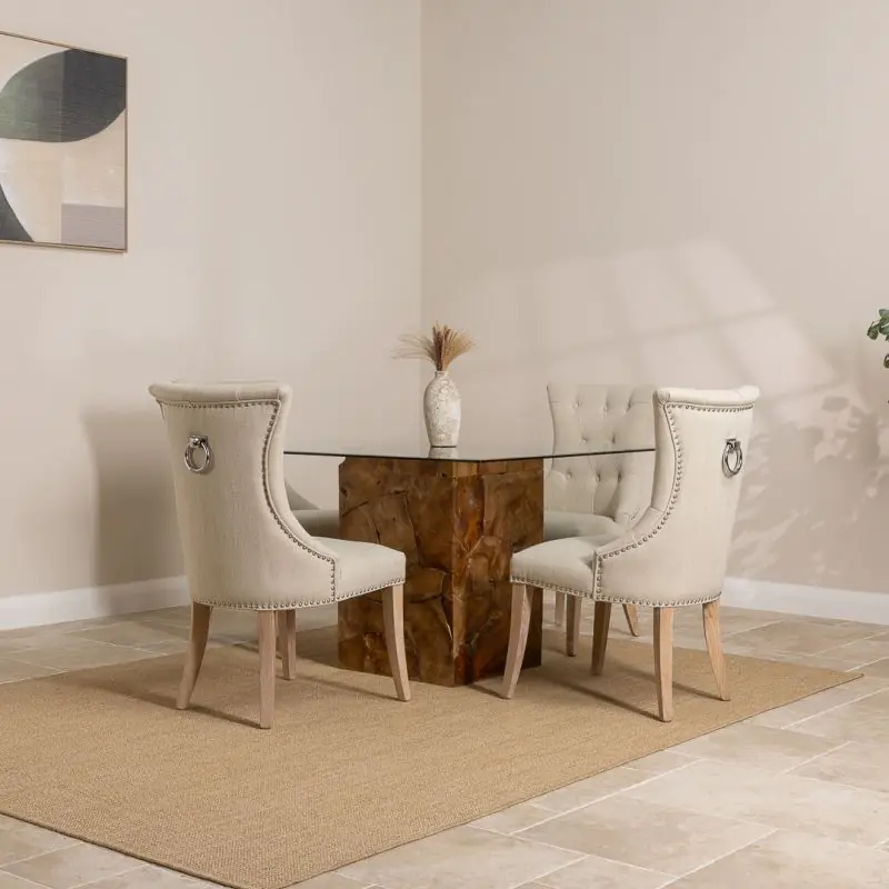 1.2m Reclaimed Teak Root Square Block Dining Table With 4 Windsor Chairs 1.2m Reclaimed Teak Root Square Block Dining Table With 4 Windsor Chairs