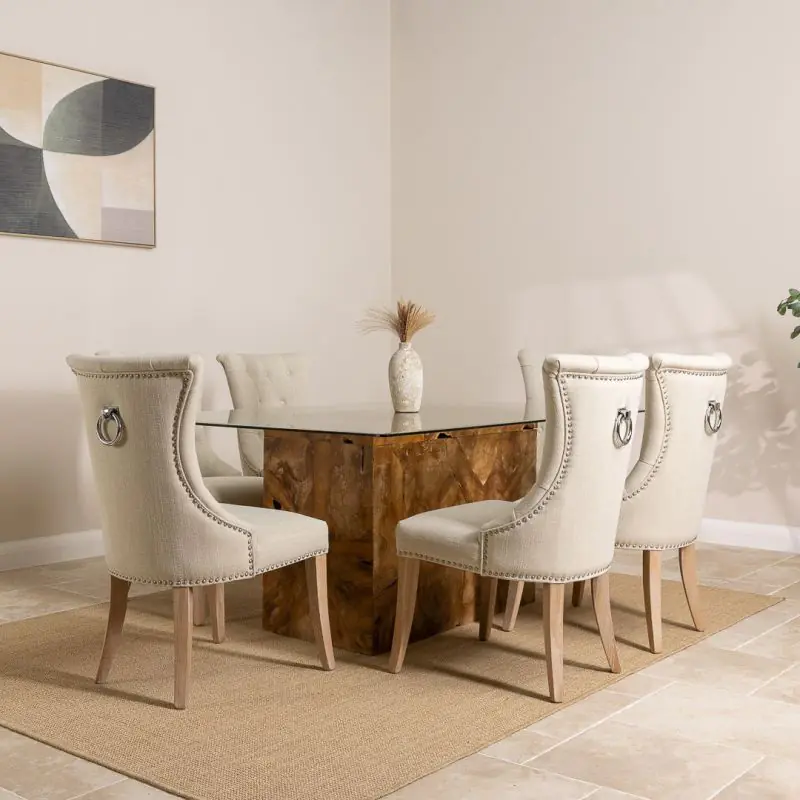 1.8m Reclaimed Teak Root Rectangular Block Dining Table with 6 Windsor Chairs