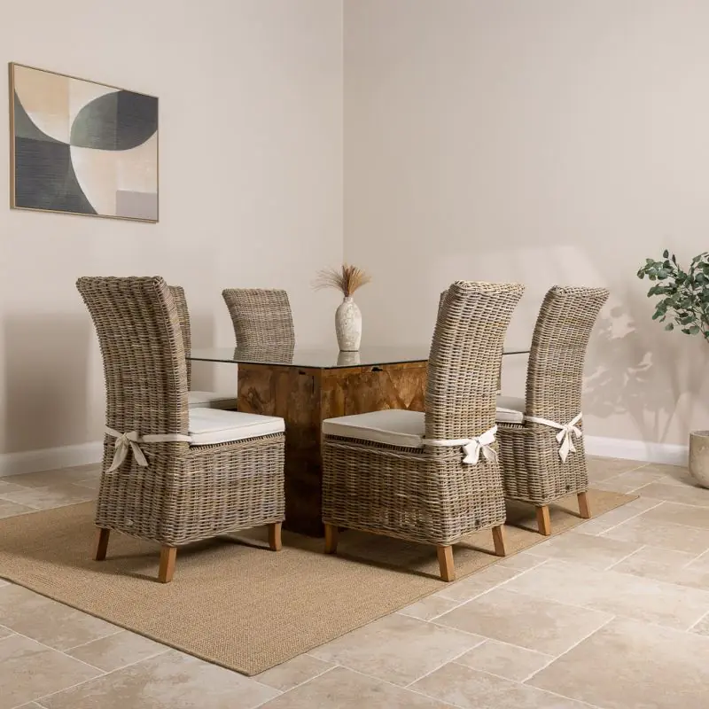 1.8m Reclaimed Teak Root Rectangular Block Dining Table with 6 Latifa Chairs