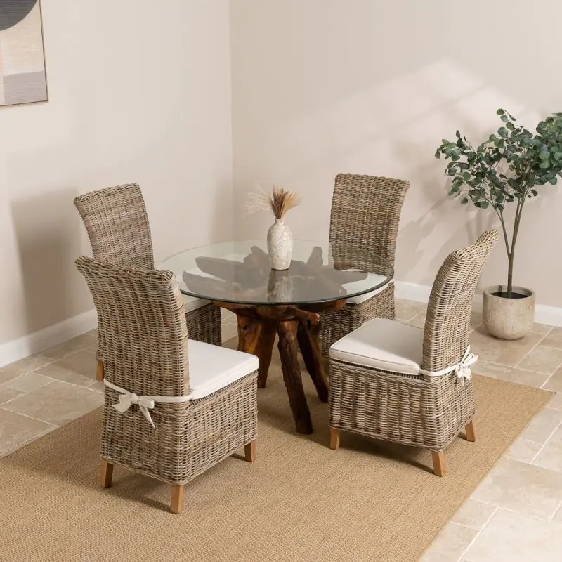 1.2m Reclaimed Teak Root Circular Dining Table with 4 Latifa Chairs