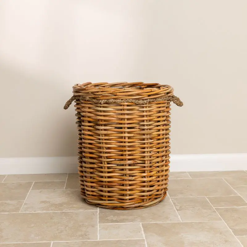 Large Natural Wicker Circular Log Basket with Rope Handles