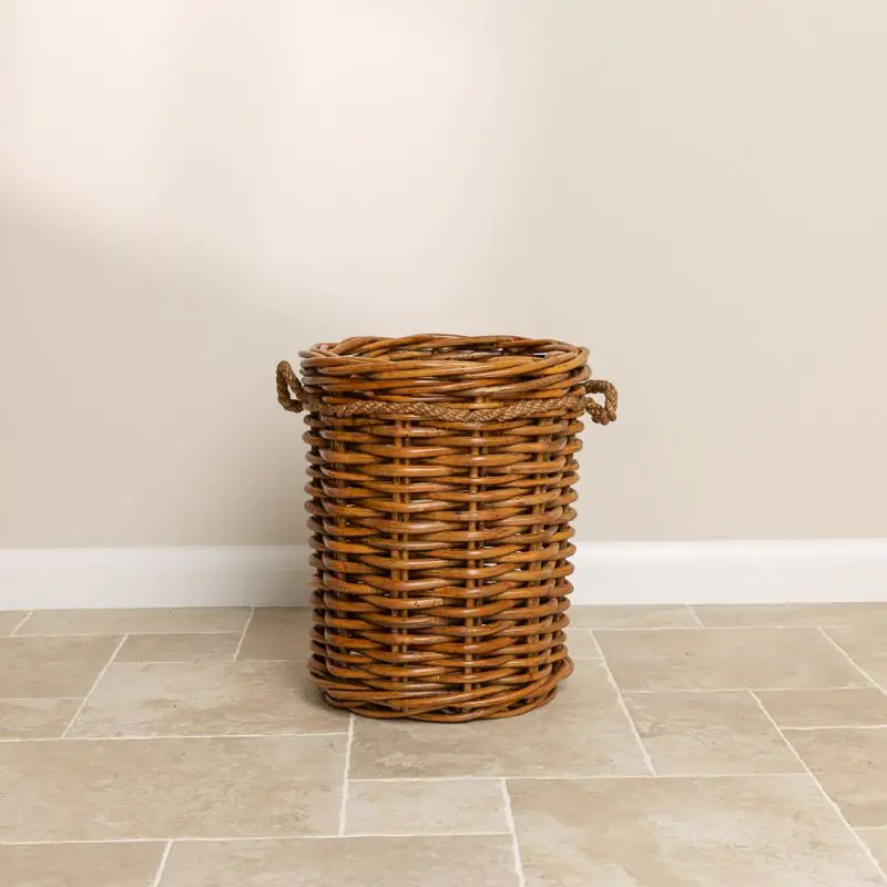 Small Natural Wicker Circular Log Basket with Rope Handles