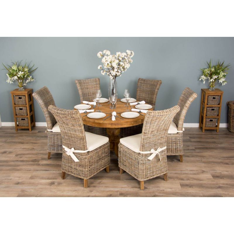 1.2m Reclaimed Teak Circular Pedestal Dining Table with 6 Latifa Dining Chairs