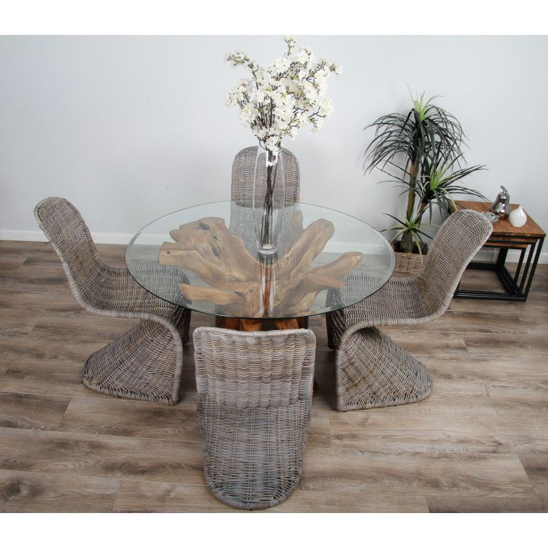 1.2m Reclaimed Teak Root Circular Dining Table with 4 Zorro Chairs 