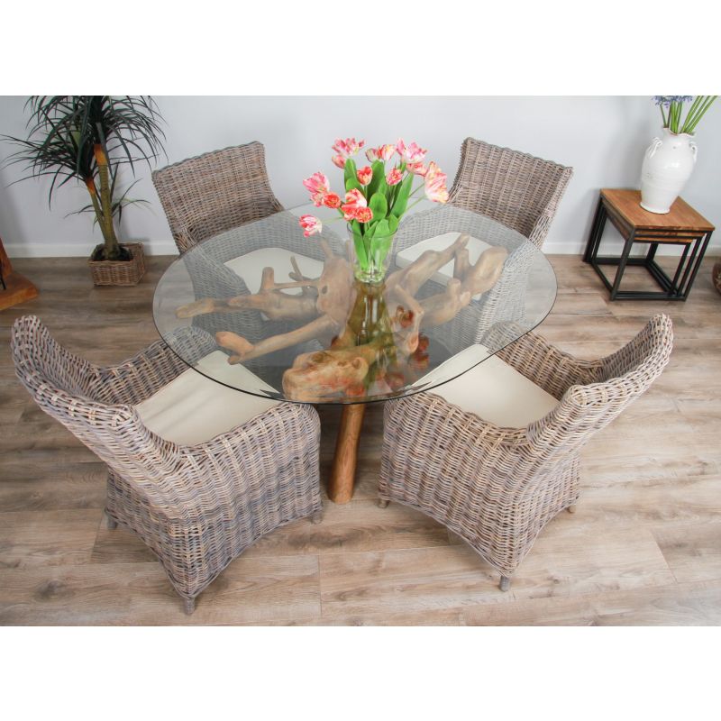 1.5m x 1.2m Reclaimed Teak Root Oval Dining Table with 4 Donna Armchairs