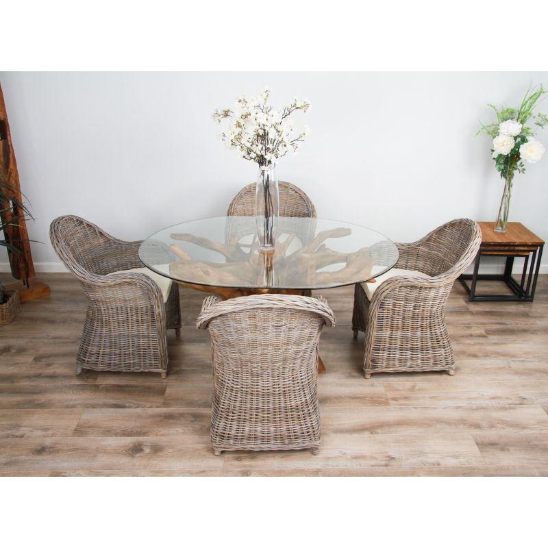 1.5m x 1.2m Reclaimed Teak Root Oval Dining Table with 4 Riviera Armchairs