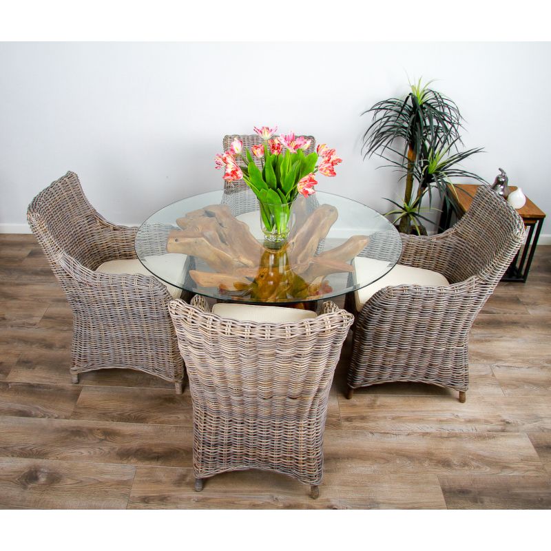 1.2m Reclaimed Teak Root Circular Dining Table with 4 Donna Armchairs