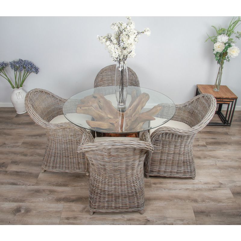 1.2m Reclaimed Teak Root Circular Dining Table with 4 Riviera Armchairs