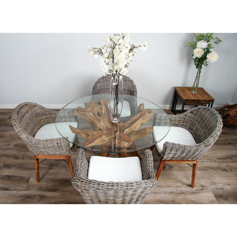 1.2m Reclaimed Teak Root Circular Dining Table with 4 Scandi Armchairs 