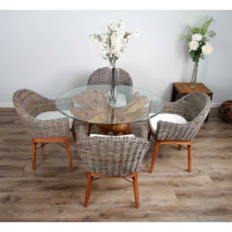 1.2m Reclaimed Teak Root Circular Dining Table with 4 or 6 Scandi Armchairs 