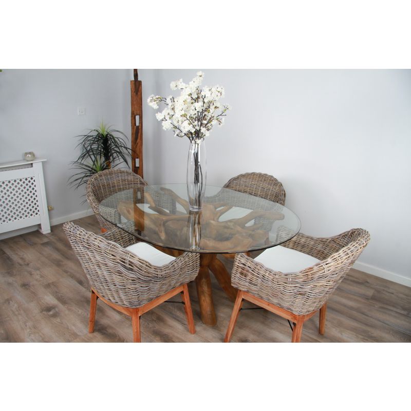 1.5m x 1.2m Reclaimed Teak Root Oval Dining Table with 4 Scandi Chairs