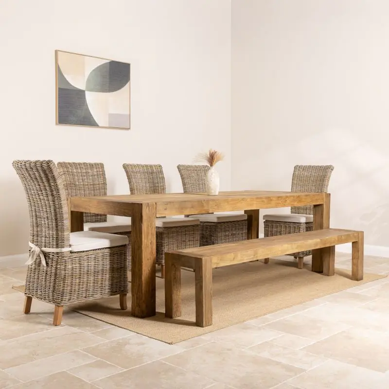 2.4m Reclaimed Elm Chunky Style Dining Table with 5 Latifa Chairs & 2 Backless Benches 2.4m Reclaimed Elm Chunky Style Dining Table with 5 Latifa Chairs & 2 Backless Benches