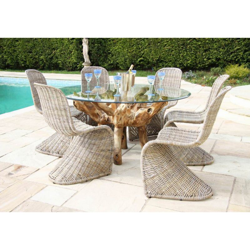 1.5m Reclaimed Teak Root Garden Dining Table with 6 Stackable Zorro Chairs