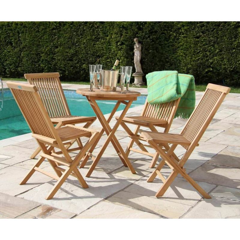 60cm Teak Circular Folding Table with 4 Classic Folding Chairs