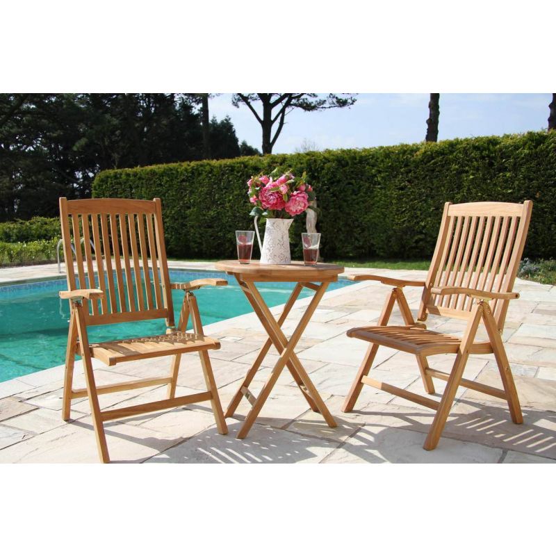 60cm Teak Circular Folding Table with 2 Harrogate Reclining Chairs