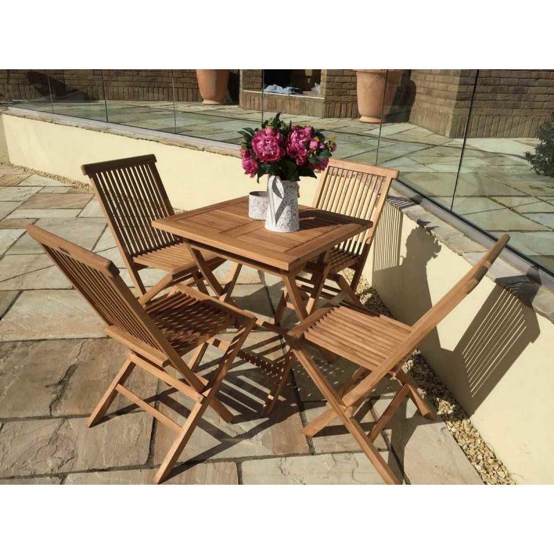 70cm Teak Square Folding Table with 4 Classic Folding Chairs / Armchairs