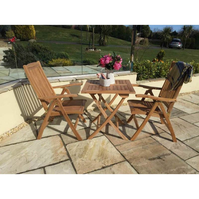 70cm Teak Square Folding Table with 2 Harrogate Recliners