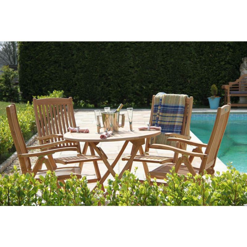 1m Teak Circular Folding Table with 4 Harrogate Chairs