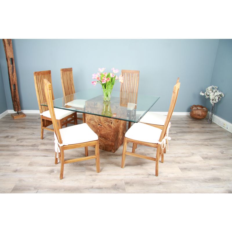 1.4m Reclaimed Teak Root Square Block Dining Table With 6 Vikka Chairs 
