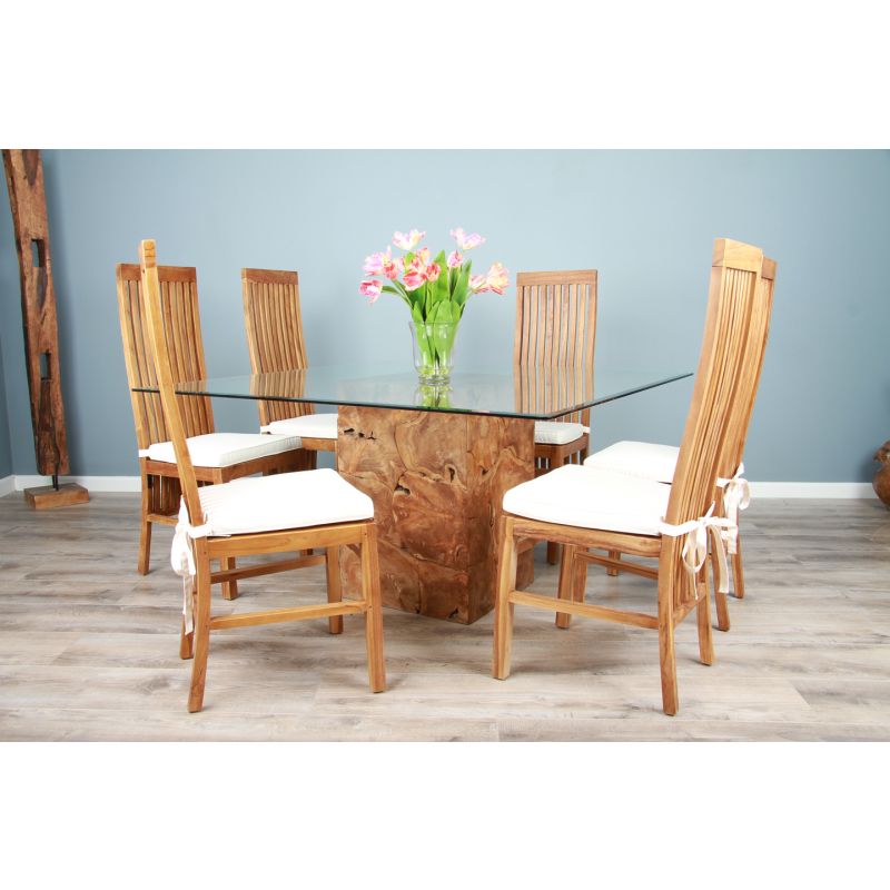 1.4m Square Teak Root Block Dining Table with 6 Santos Chairs