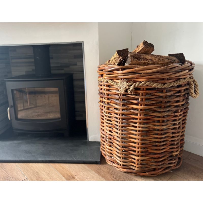 Large Natural Wicker Circular Log Basket with Rope Handles