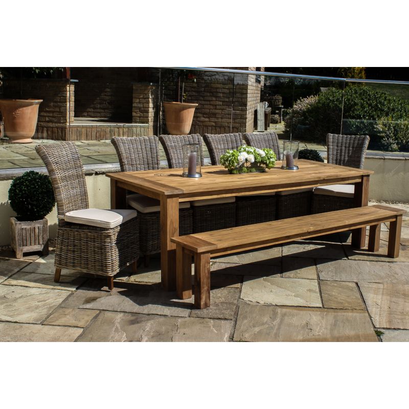 2.4m Reclaimed Teak Outdoor Open Slatted Table with 1 Backless Bench & 6 Latifa Chairs 
